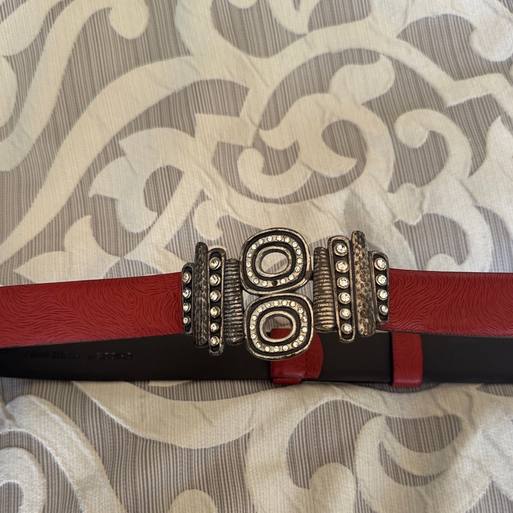Chico's Red and Black Belt with Decorative Buckle